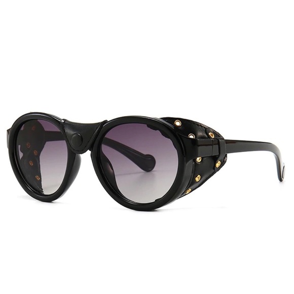 Steampunk Round Gray Gradient Black Leather Shield Polarized Sunglasses - Picture 3 of 16